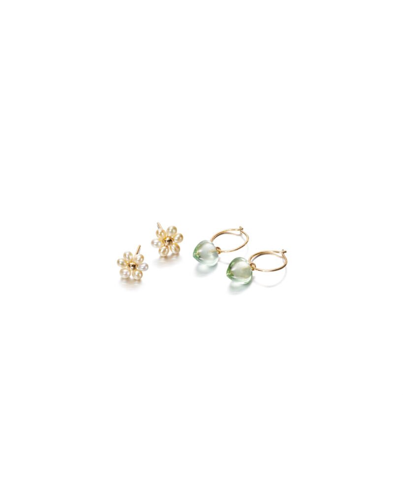 gold flower pearl stud earrings and gold hoops