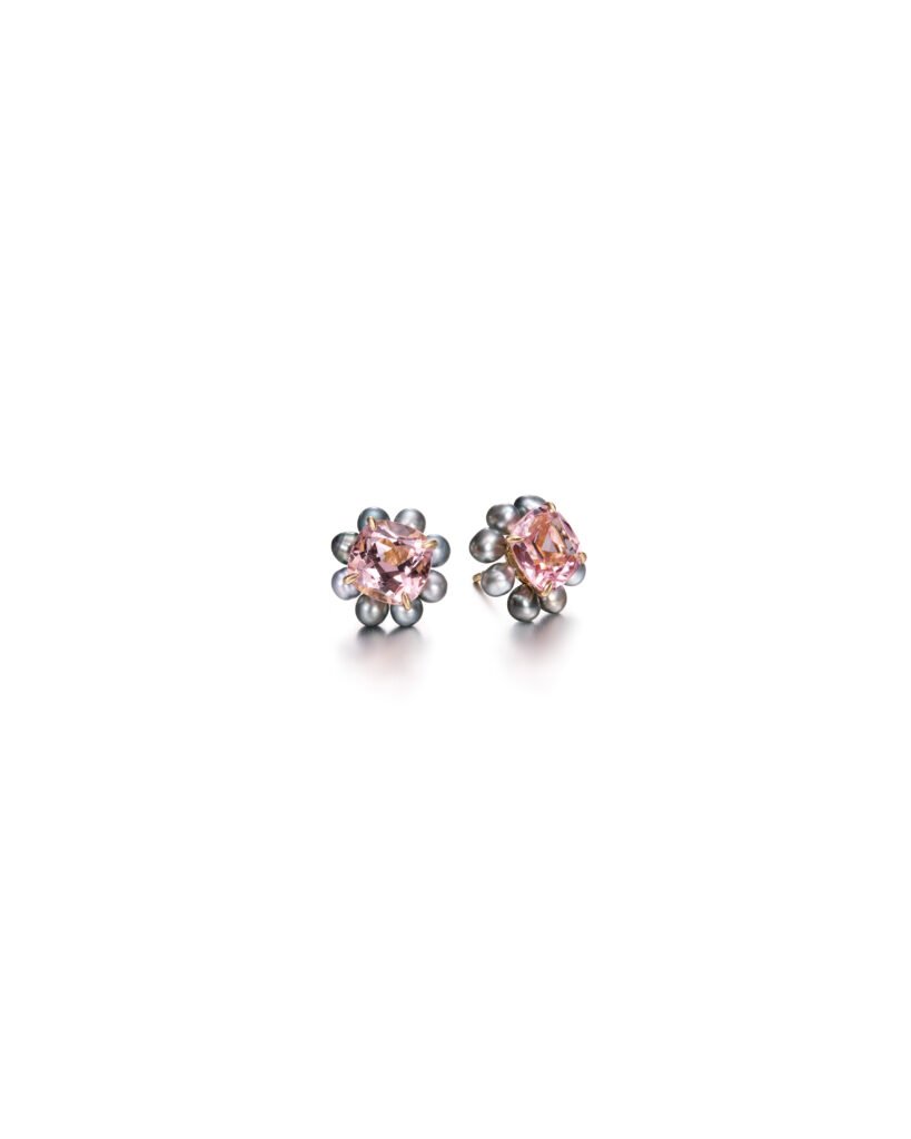 gold flower pearl stud earrings with morganites