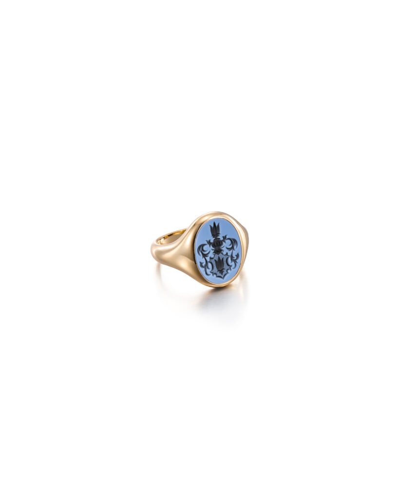 gold signet ring with blue sardonyx