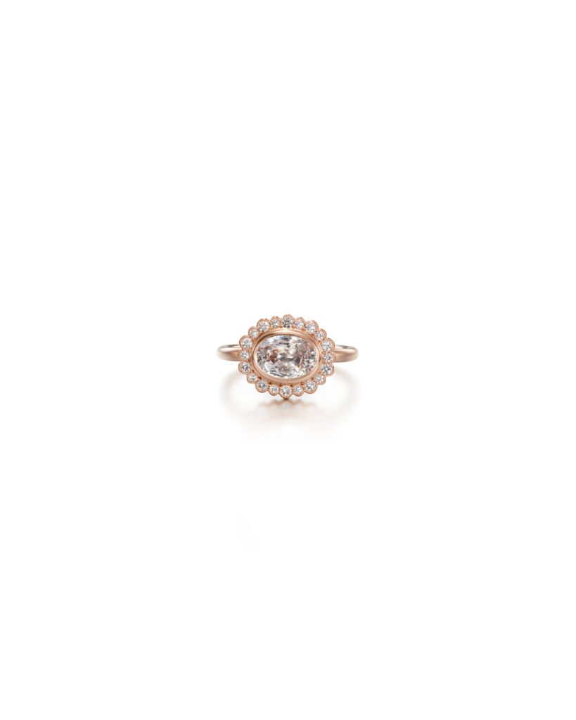 oval diamond halo ring in rose gold
