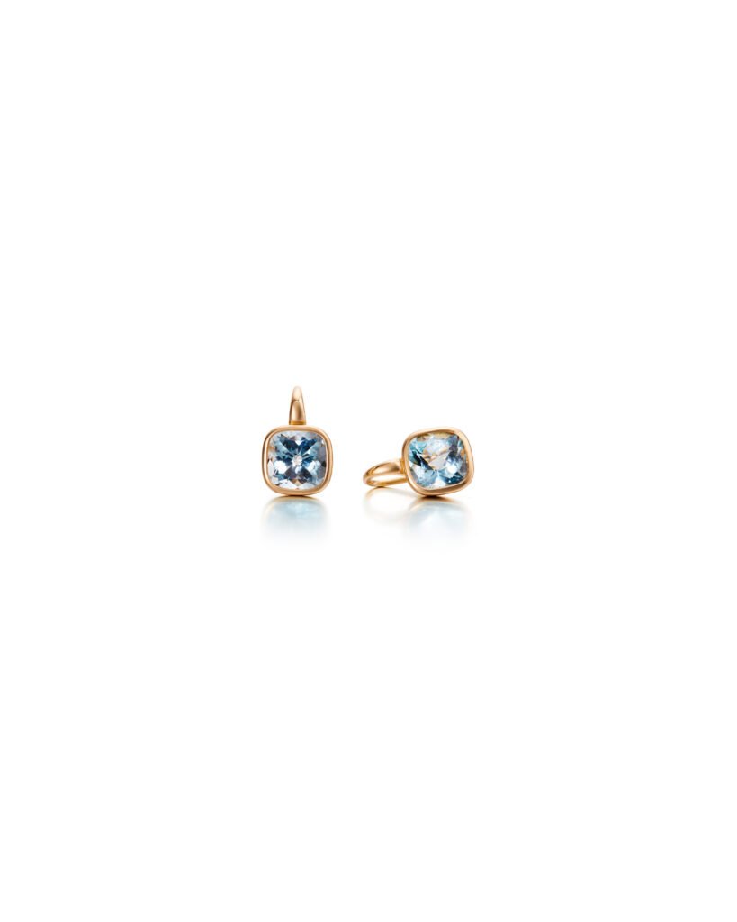 gold hook earrings with cushion-cut aquamarines