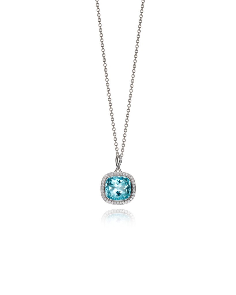aquamarine pendant with diamond halo in white gold