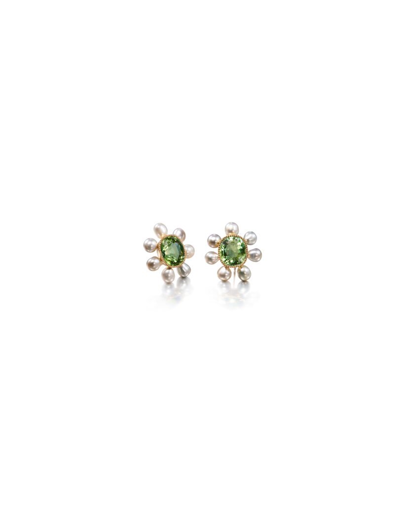 gold flower pearl stud earrings with green tourmalines