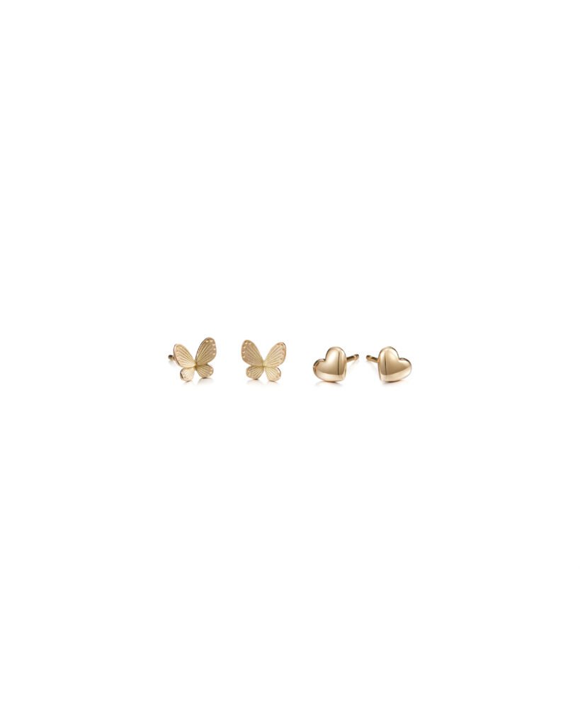 gold butterfly stud earrings and gold heart stud earrings