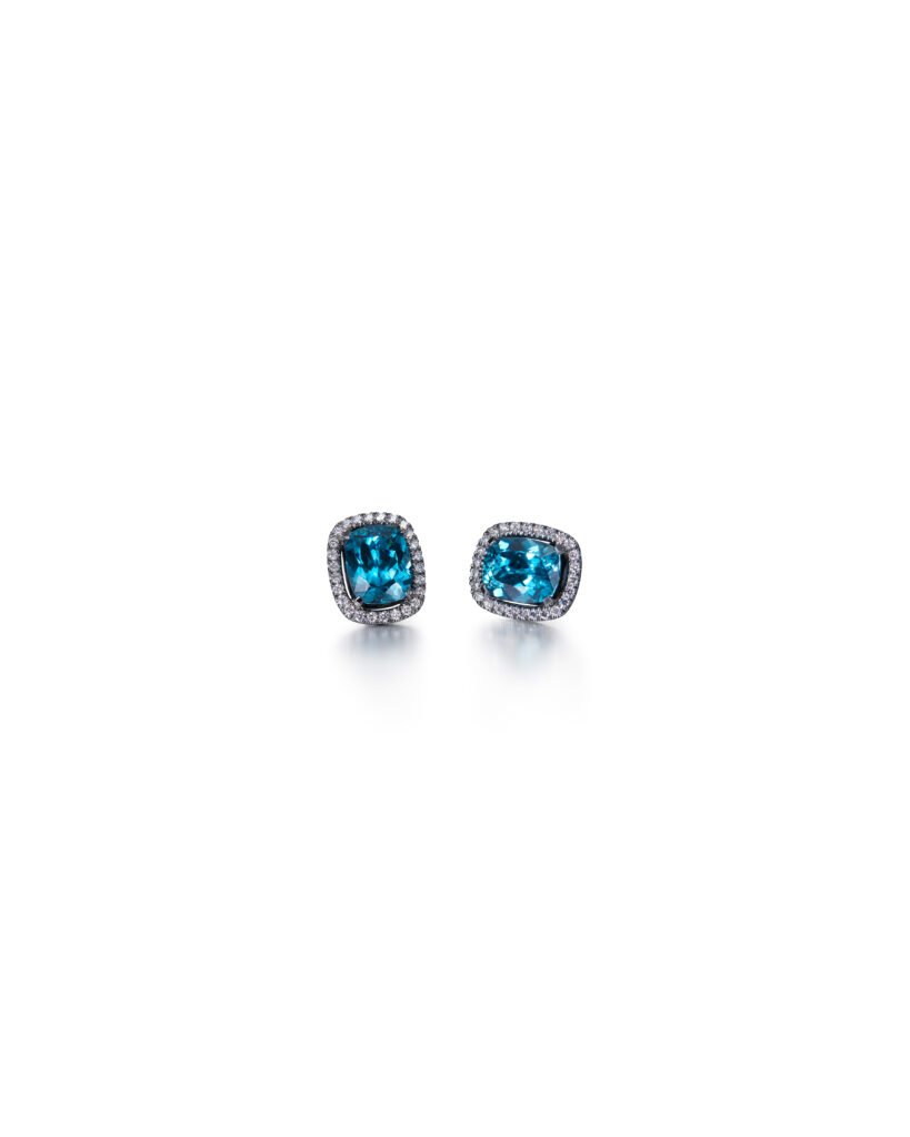 white gold blue zirkon stud earrings with diamond halo