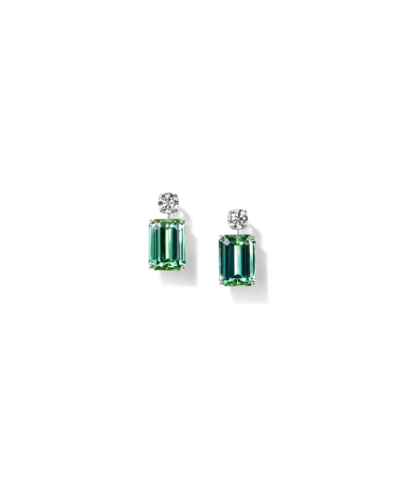 diamond stud earrings with green tourmalines