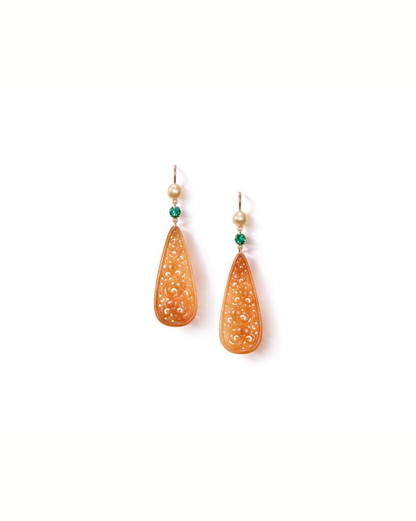 dangling hook earrings with pearls, jadeites and emeralds