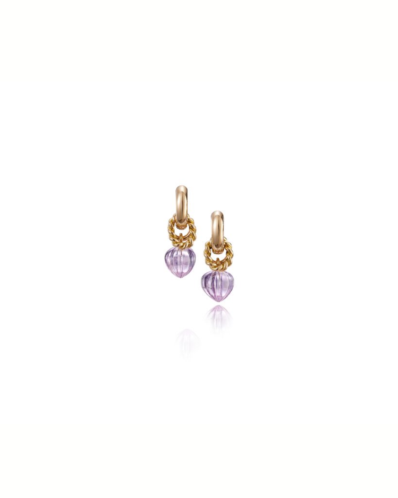 gold hoop earrings with gold add-ons and bud-shaped amethysts