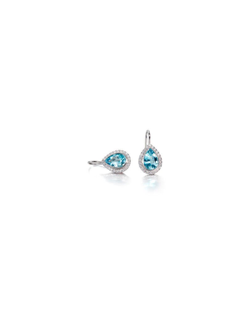 white gold hook earrings with drop-shaped aquamarines and diamond halo