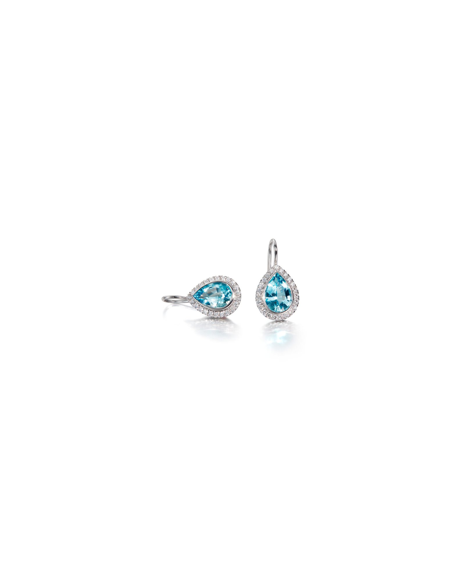 white gold hook earrings with drop-shaped aquamarines and diamond halo