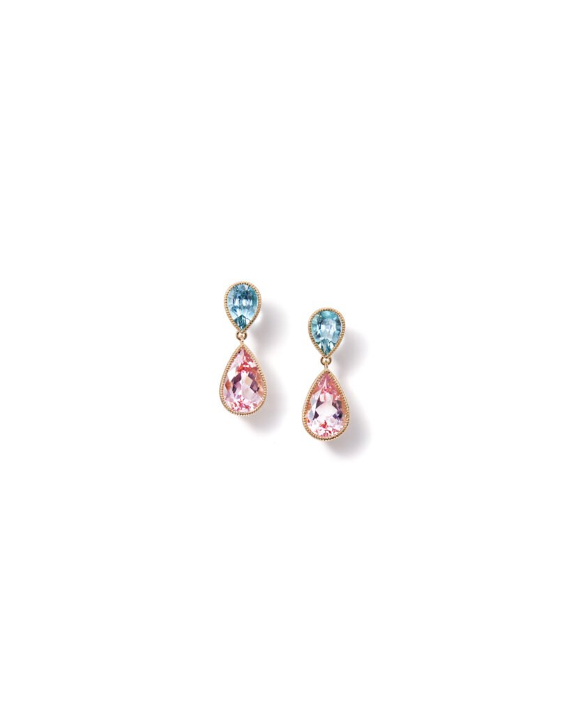 dangling gold stud earrings with drop-shaped aquamarines and morganites