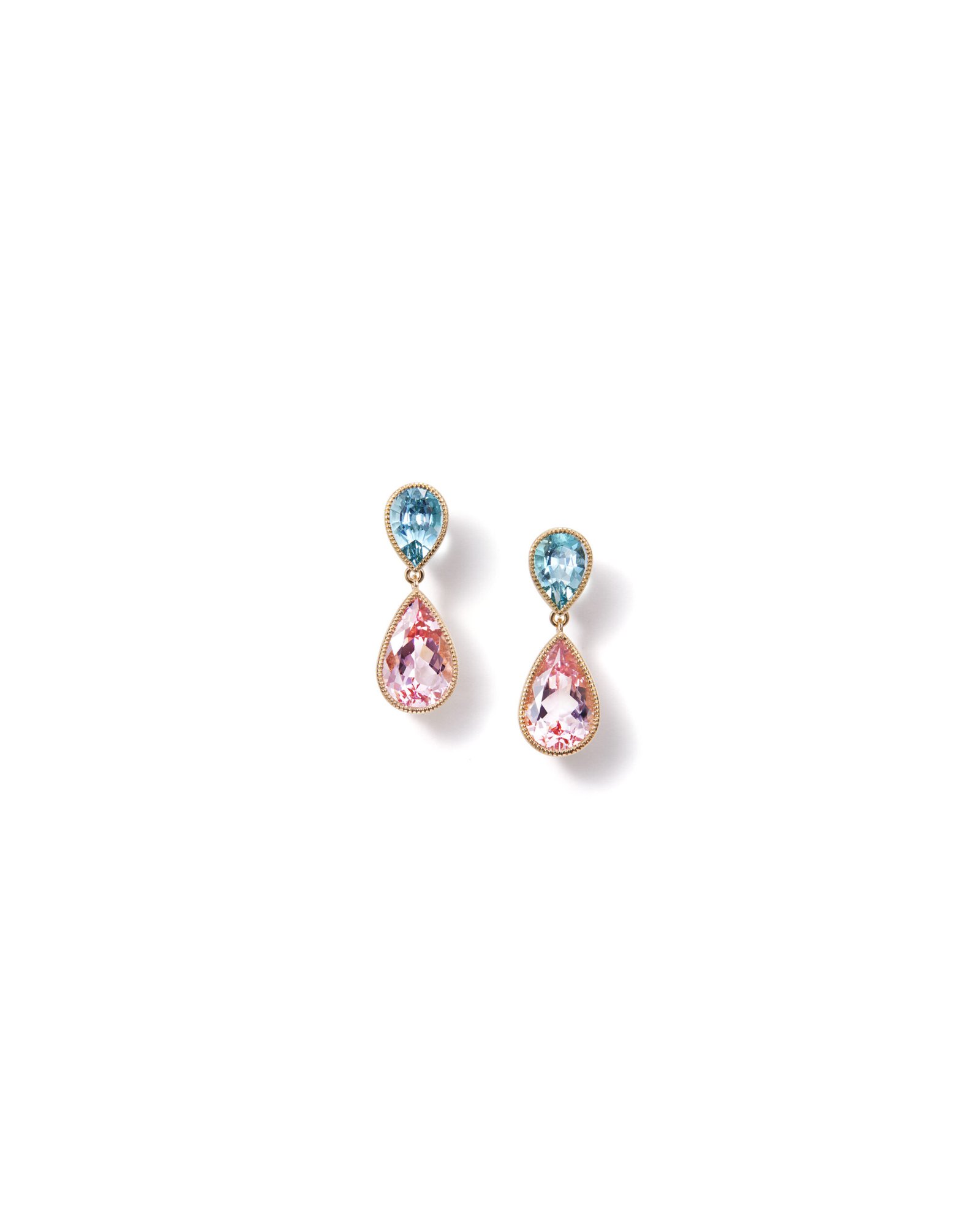 dangling gold stud earrings with drop-shaped aquamarines and morganites