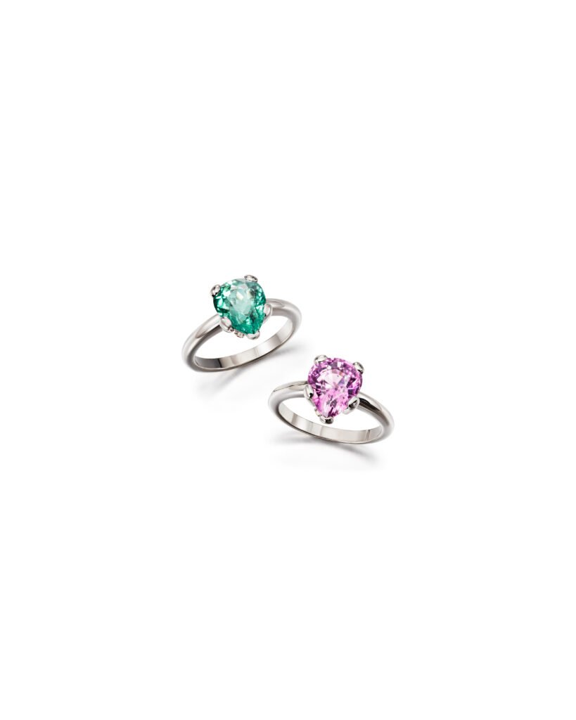 colored drop-shaped tourmaline rings in white gold