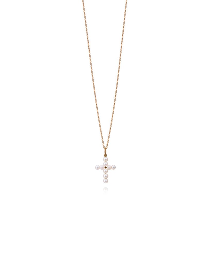 pearl cross pendant in gold