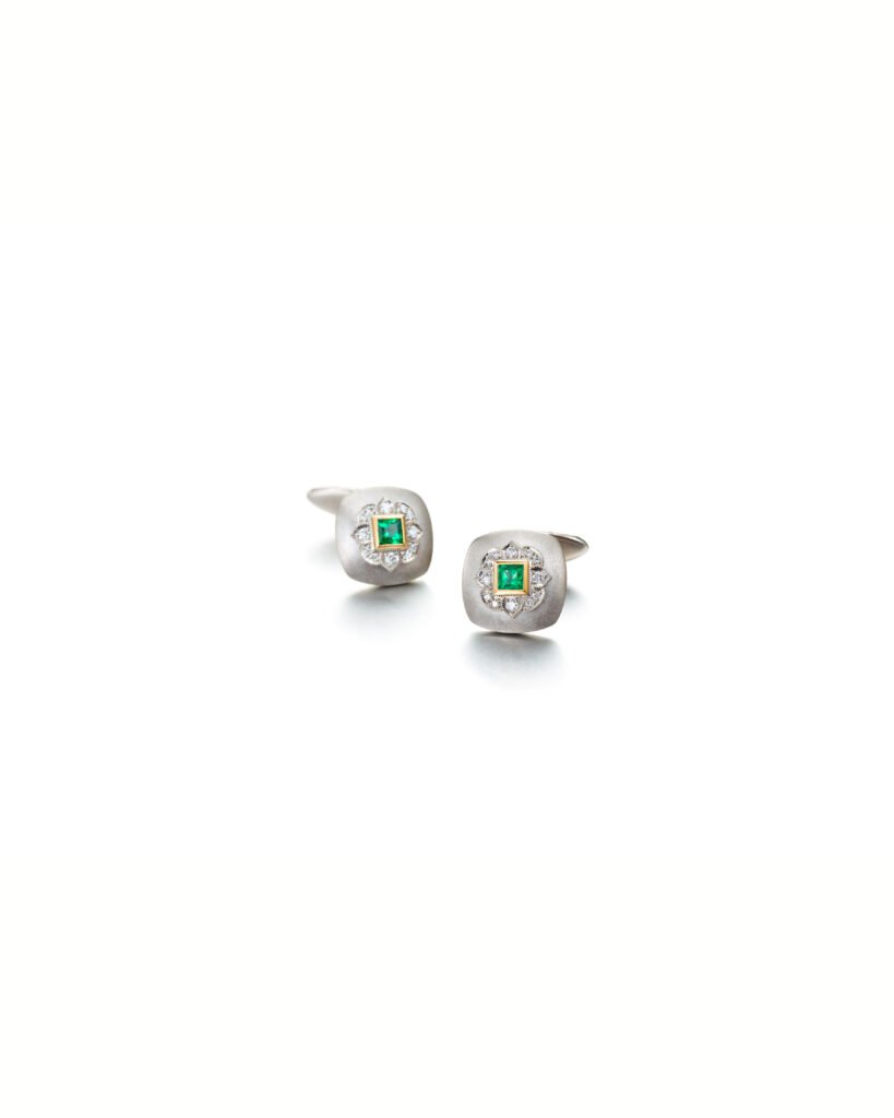 white gold diamond cufflinks with emeralds in gold
