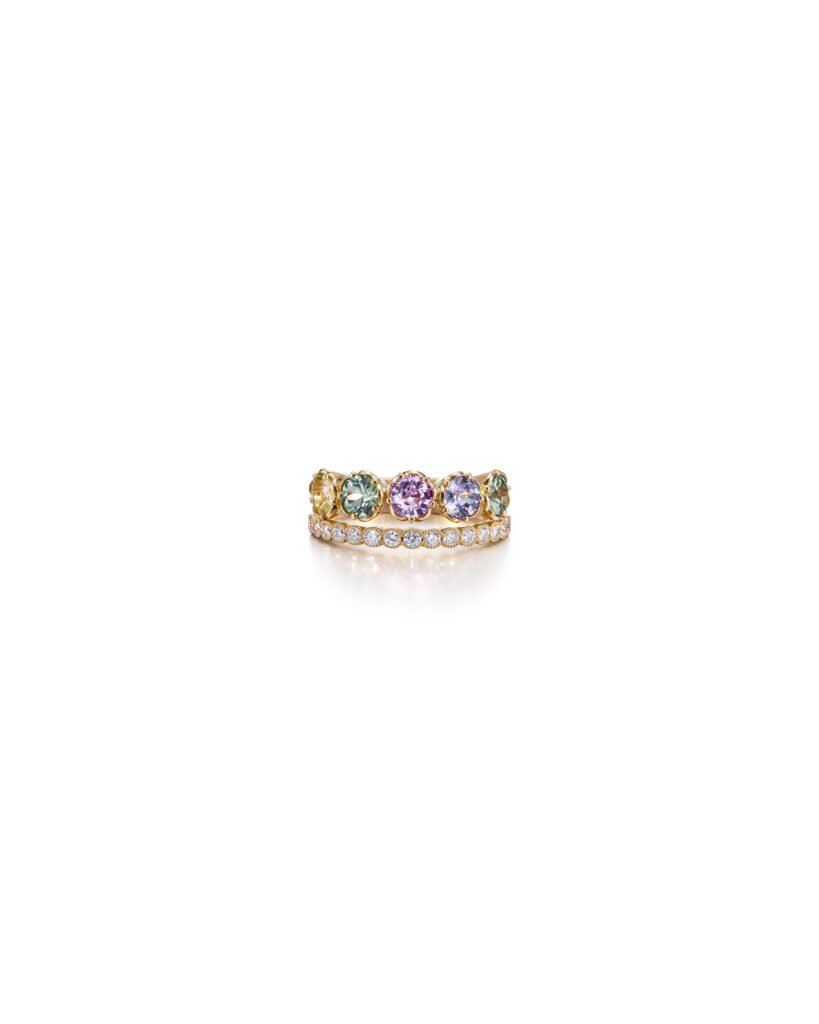 gold half eternity ring with sapphires