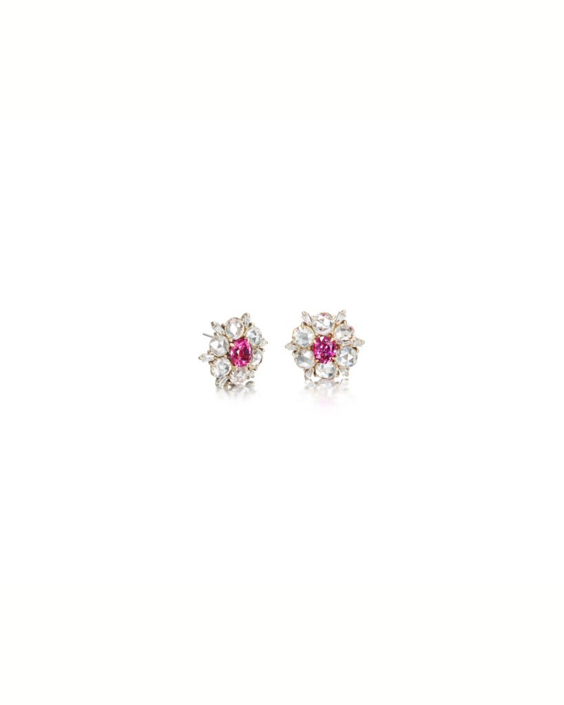 gold flower stud earrings with diamonds and rubies