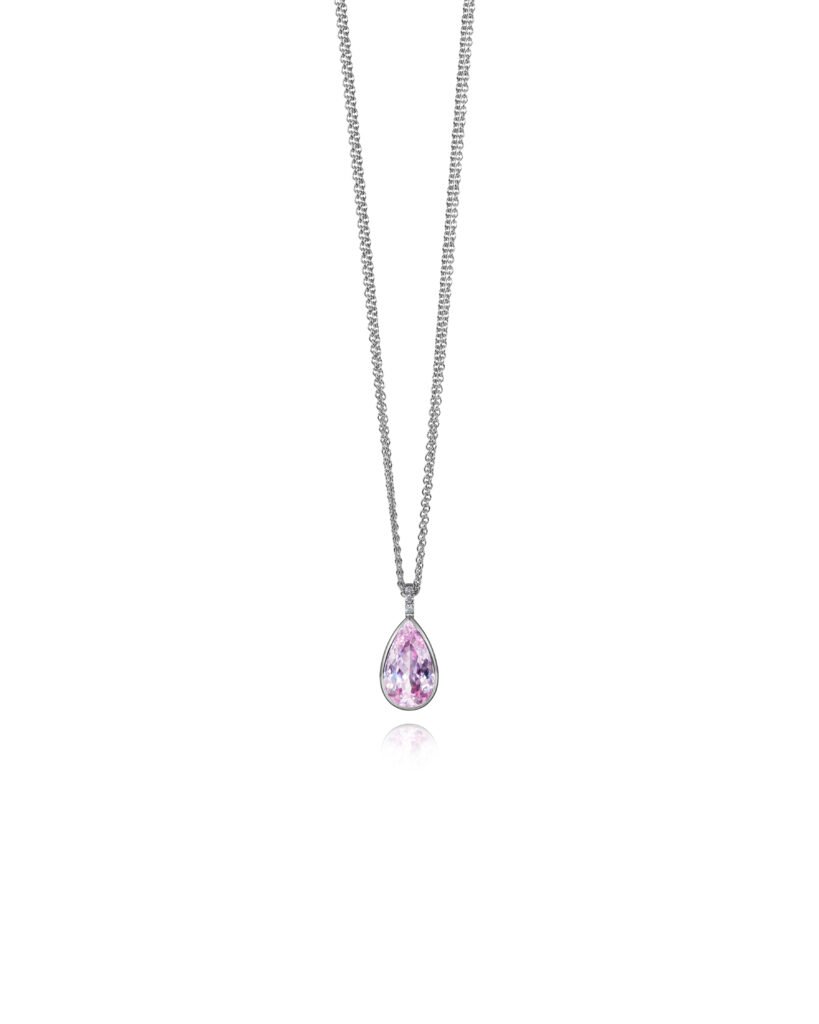 drop-shaped pink morganite necklace with diamonds