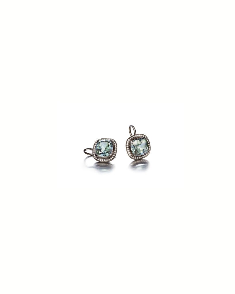 white gold hook earrings with cushion-cut tanzanites