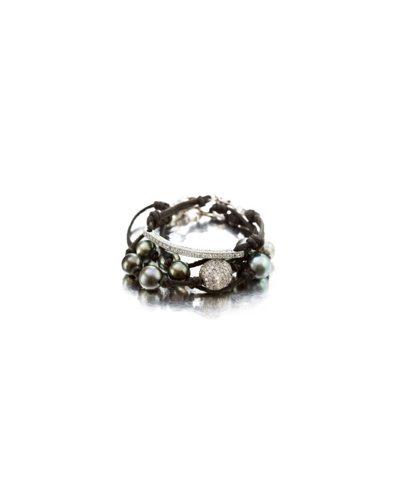 leather cord bracelet with pearls and diamonds