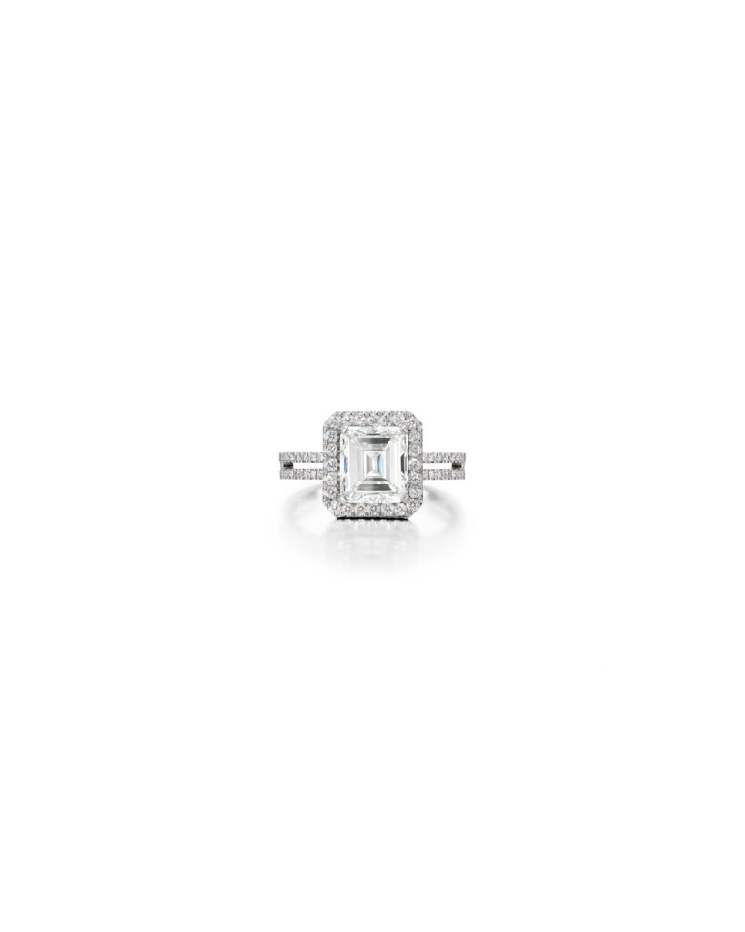emerald cut diamond halo ring