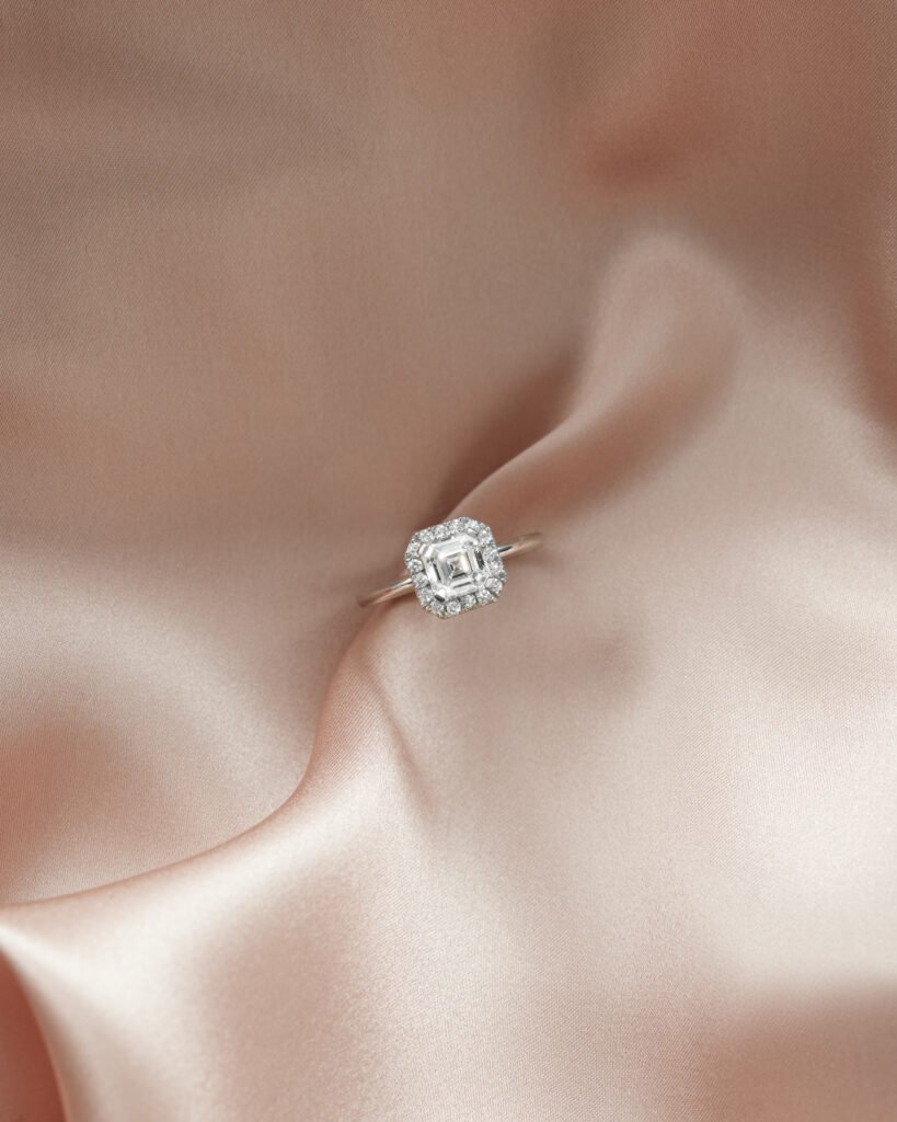 asscher cut diamond halo ring