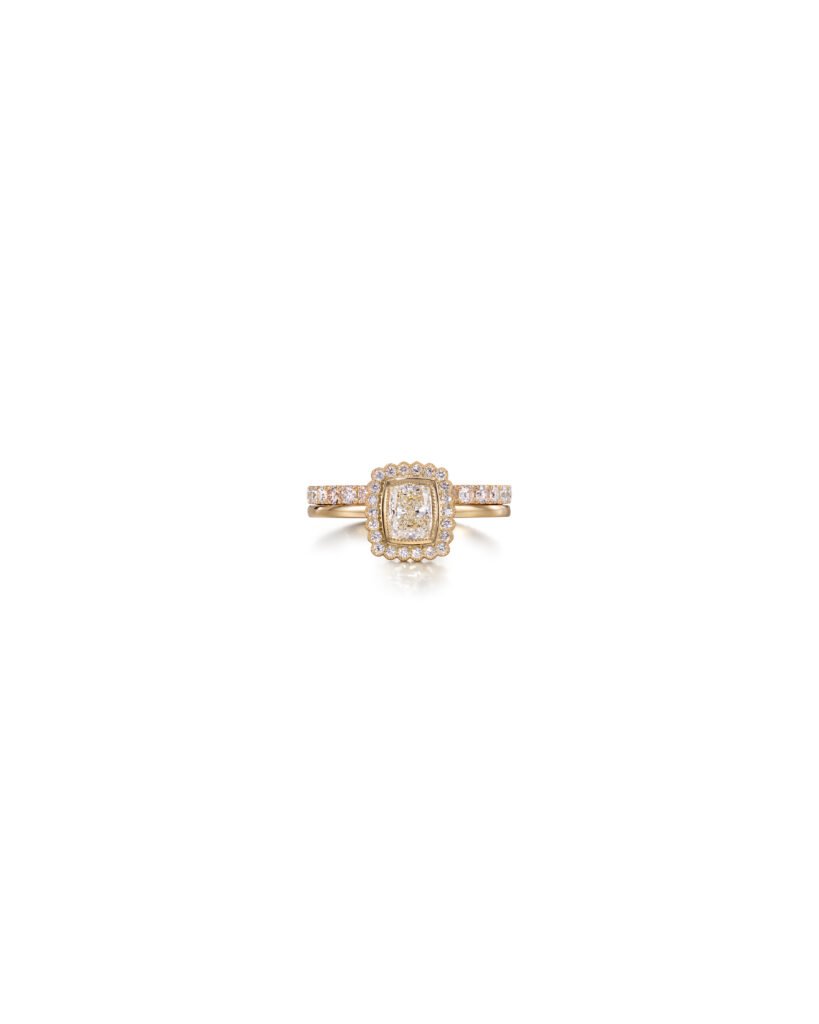 gold cushion cut diamond halo solitaire ring