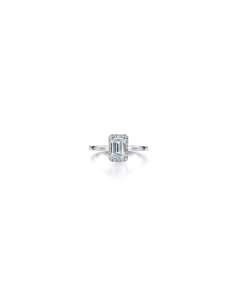 emerald cut diamond halo ring