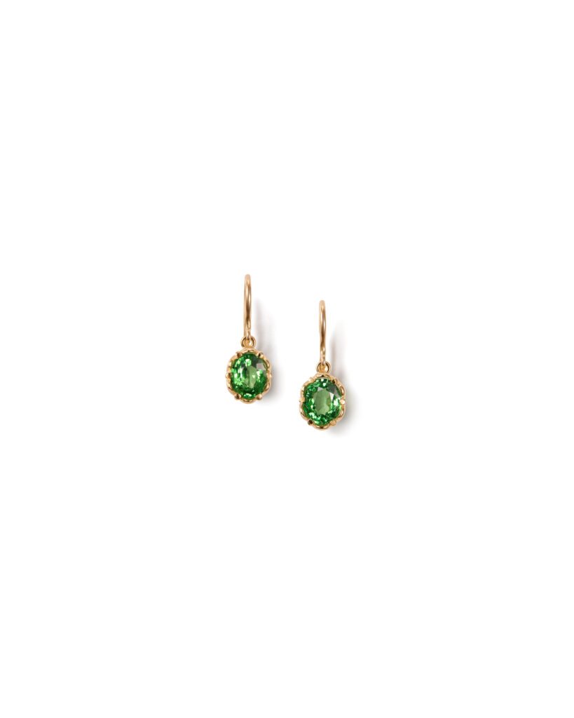 gold hook earrings with green tourmalines