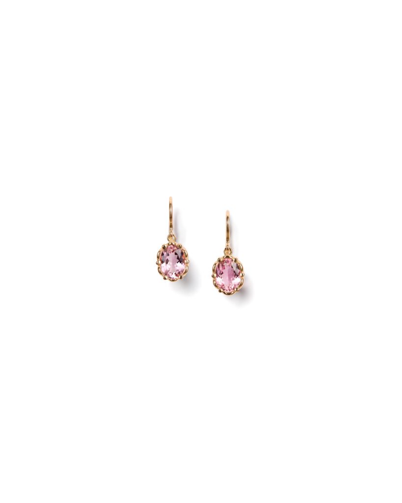 gold hook earrings with pink tourmalines