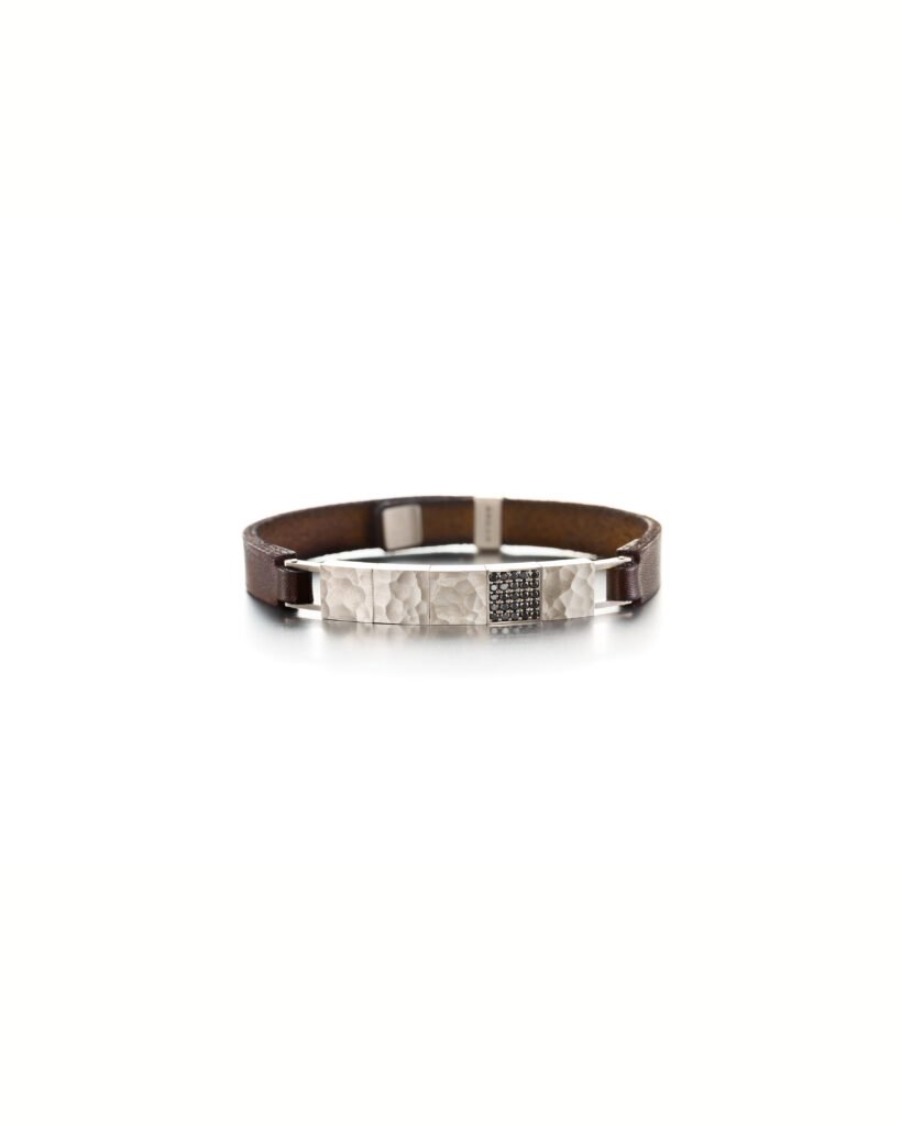 leather bracelet with black diamonds in white gold for men