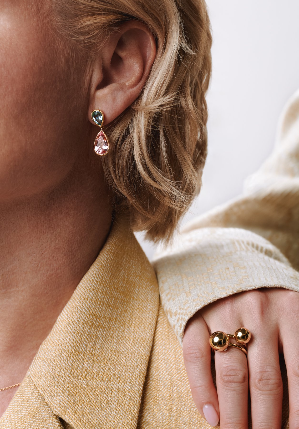 Gold Drop Earrings with Aquamarines and Morganites
