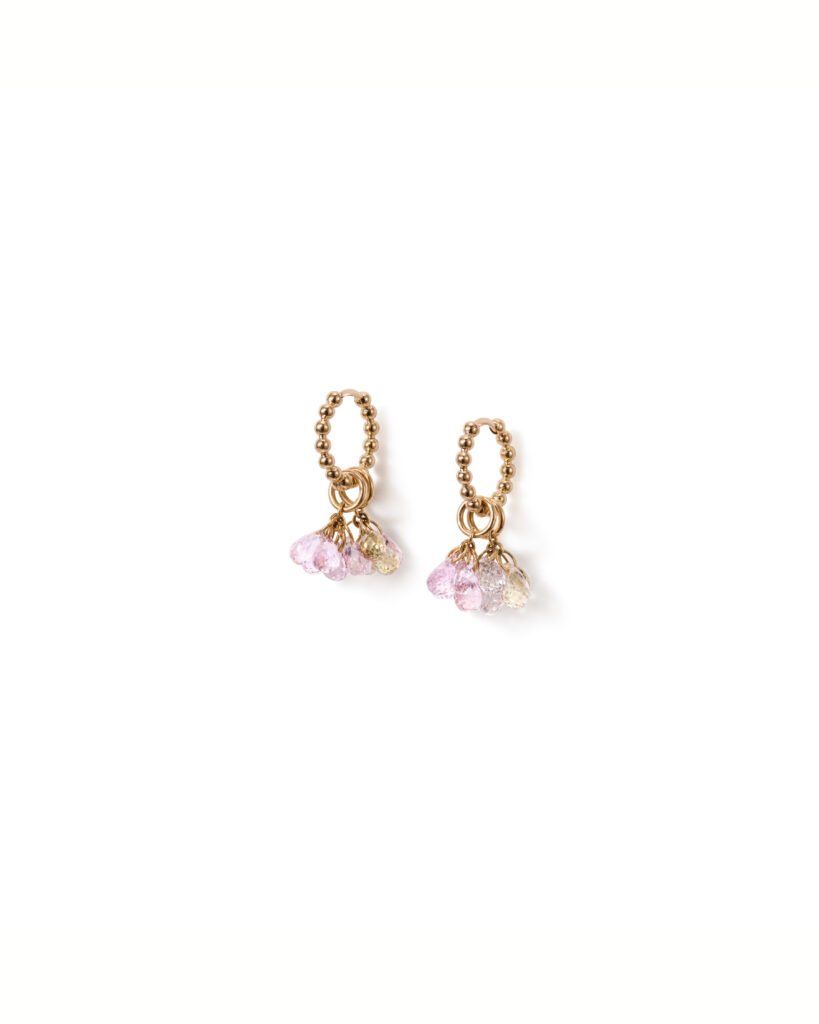 gold hoop earrings with dangling morganites and sapphires