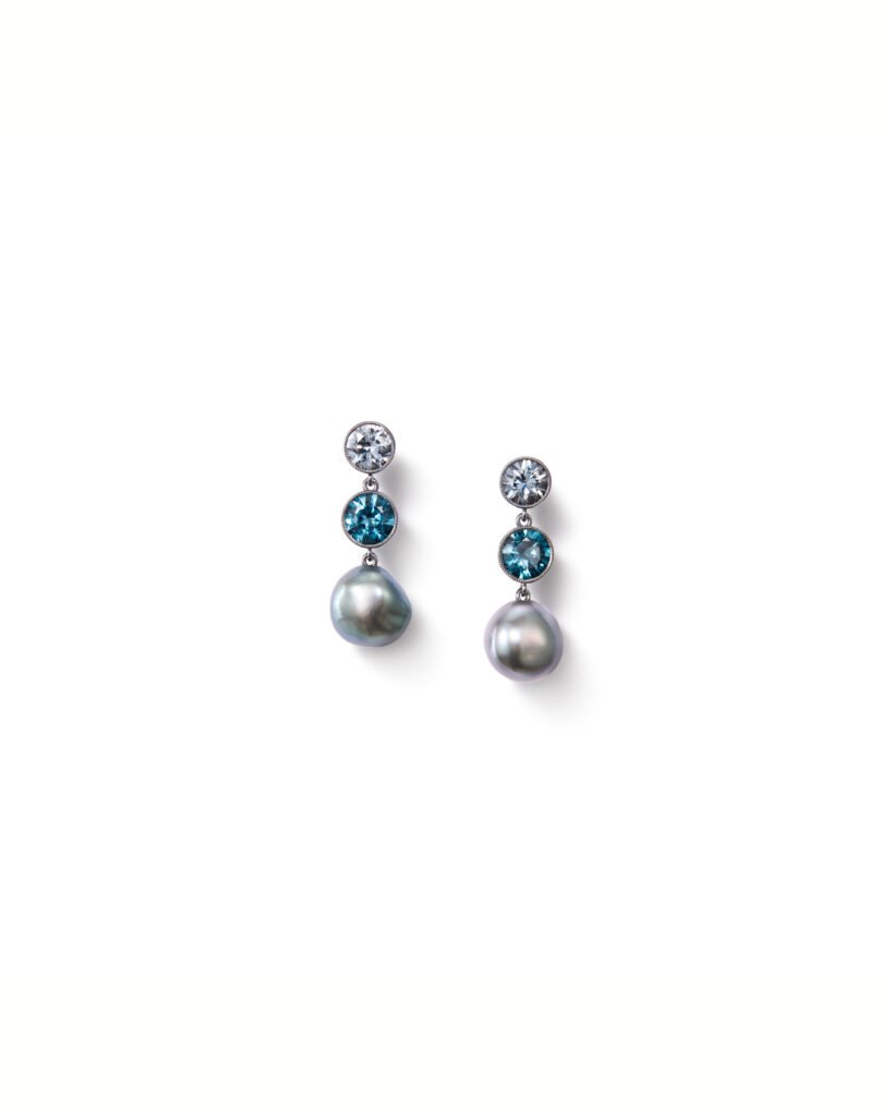 dangling diamond stud earrings with spinels and pearls