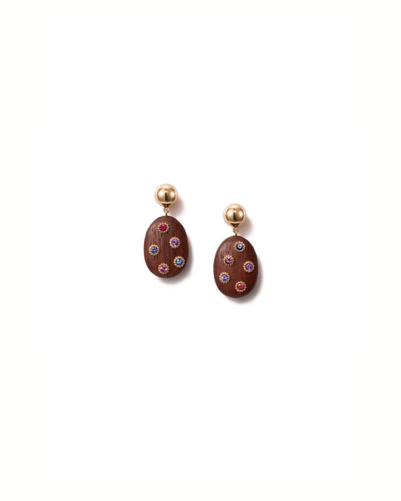 gold earrings with wood and sapphires