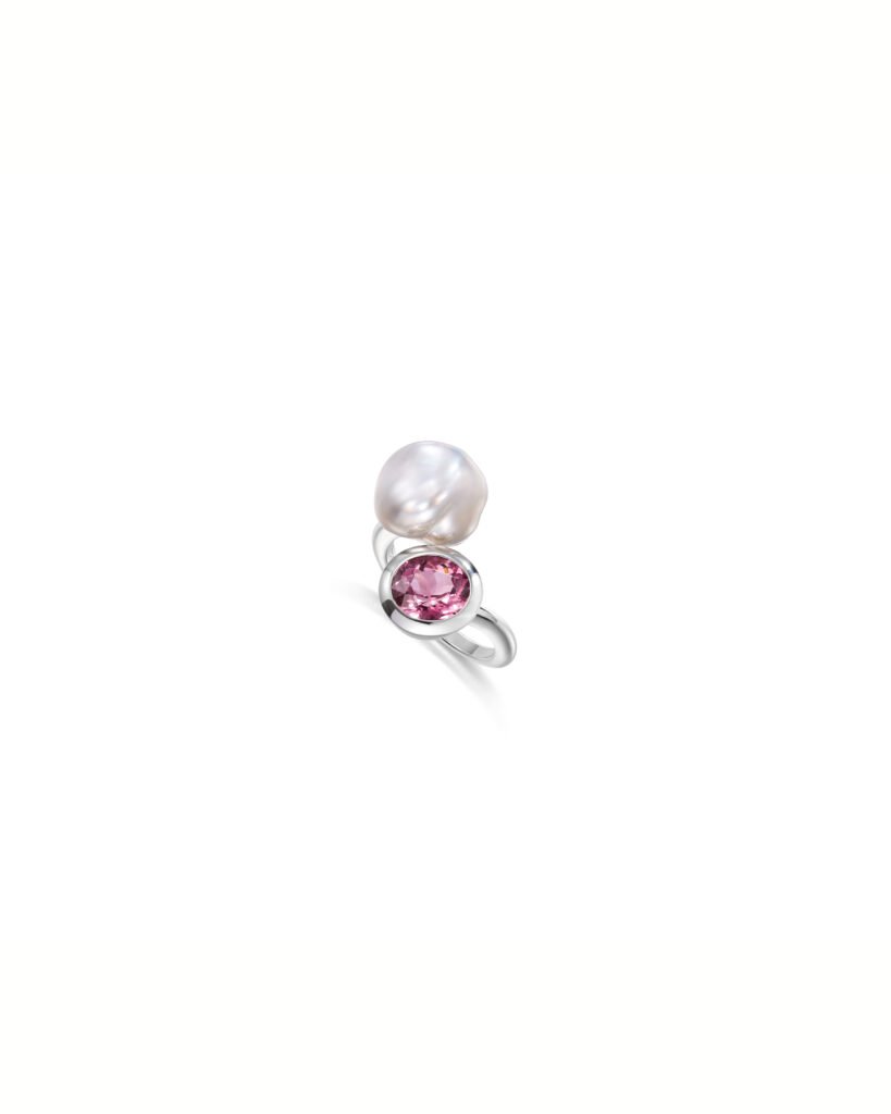 A ballet ring with a pink tourmaline from Mozambique and a Tahitian keshi pearl.