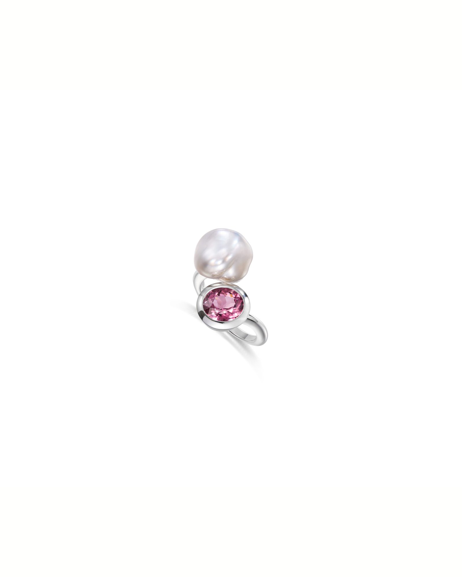 A ballet ring with a pink tourmaline from Mozambique and a Tahitian keshi pearl.