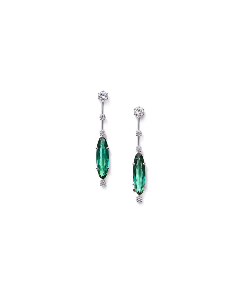 white gold drop earrings with diamonds and tourmalines