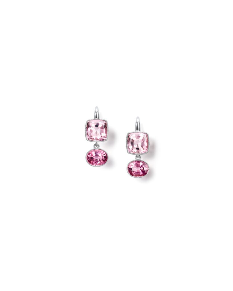 white gold hook earrings with morganites and tourmalines