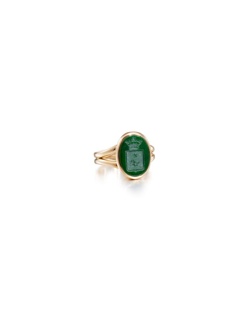 gold signet ring with green jade