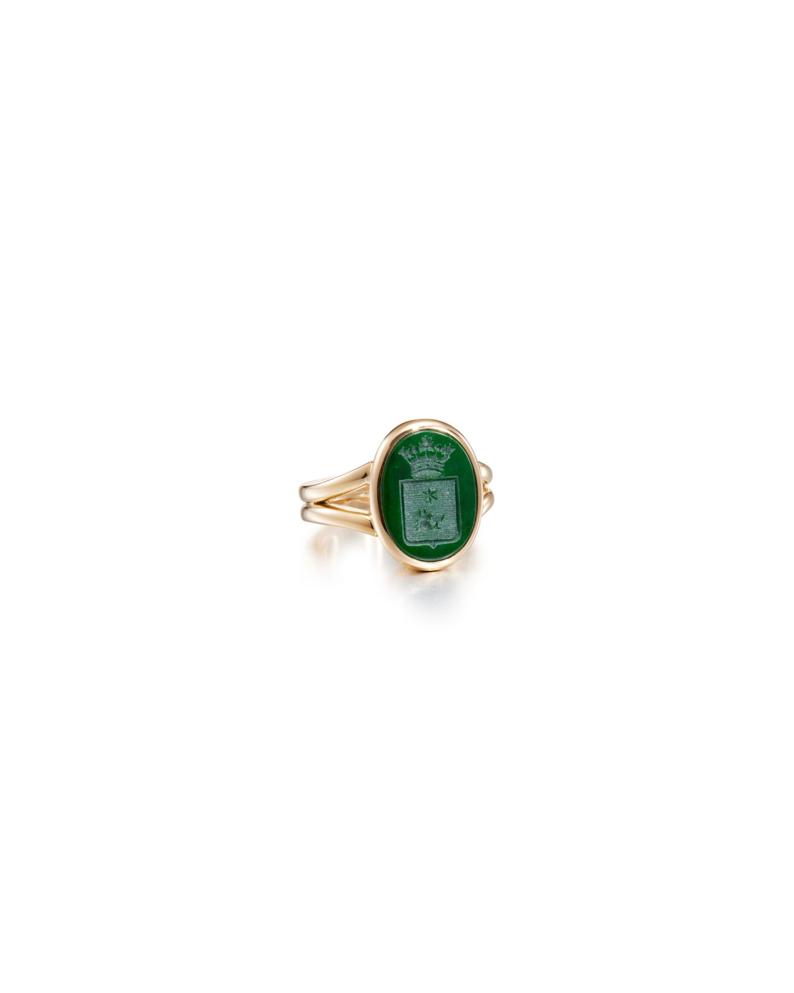 gold signet ring with green jade